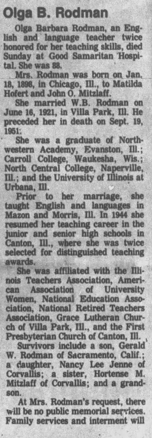 Obituary for Olga D. Rodman (Aged 83)